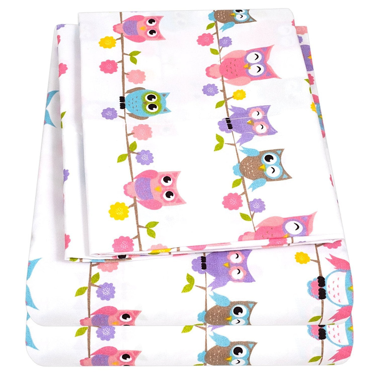 Printed Kids Bed Sheet Set (Colorful Owls) - Folded