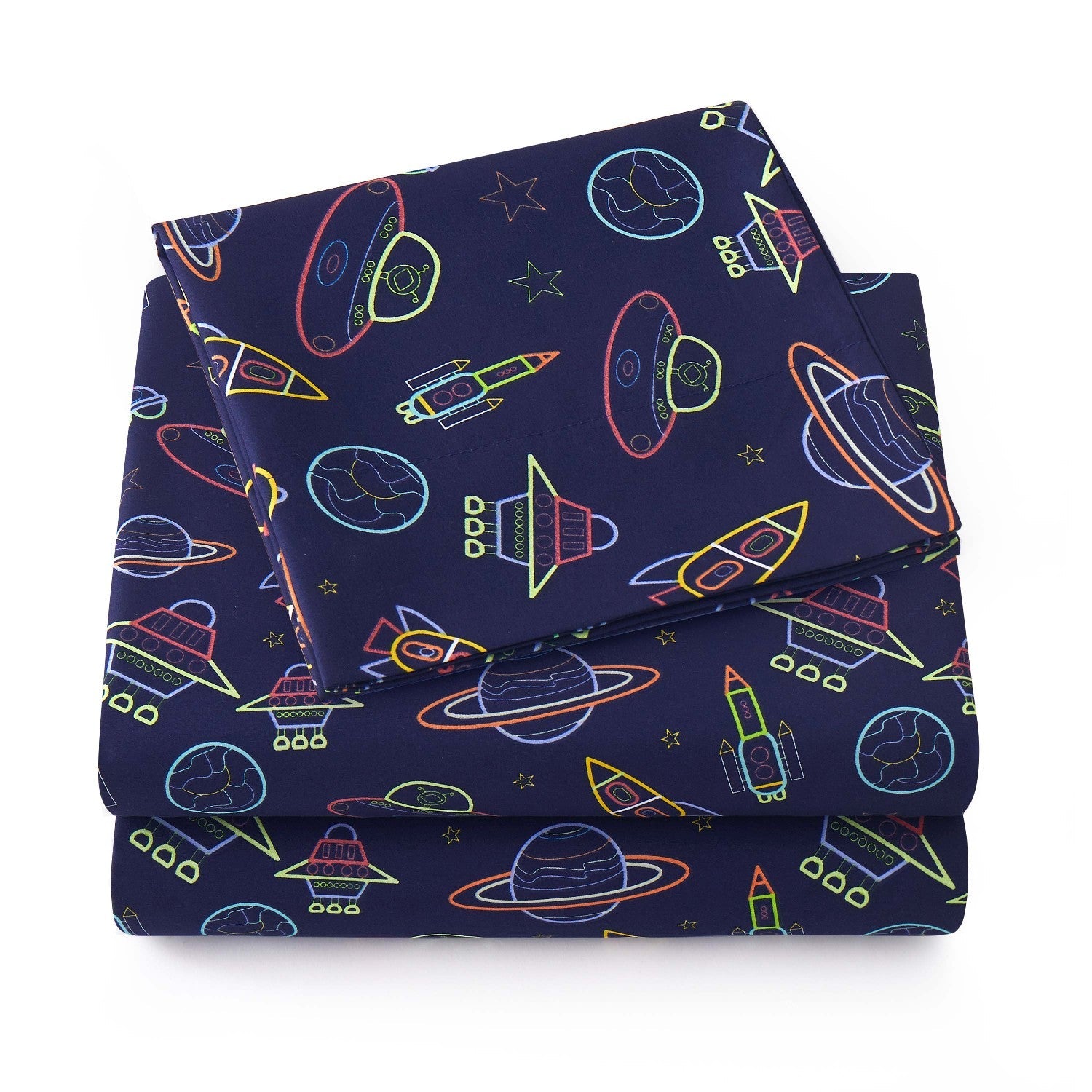 Printed Kids Bed Sheet Set (Neon Space) - Folded