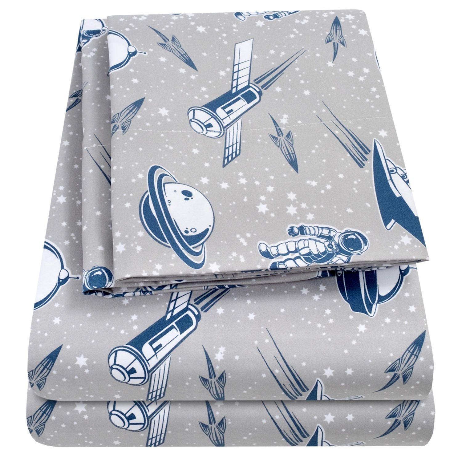 Printed Kids Bed Sheet Set (Space Ships) - Folded