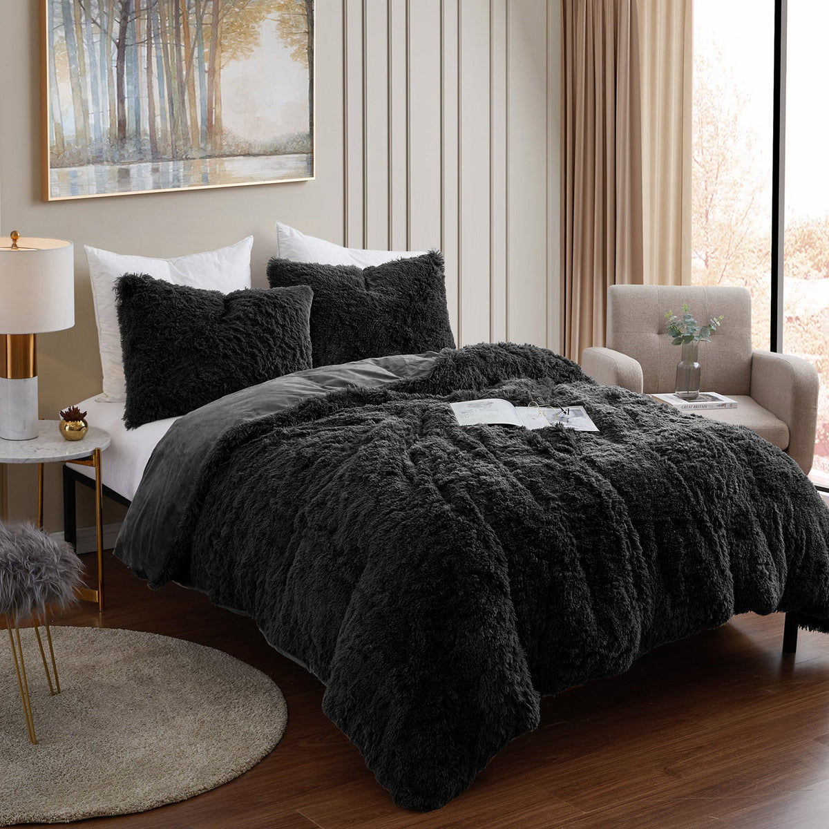 Shaggy Faux Fur 3-Piece Comforter Set Black - Bed