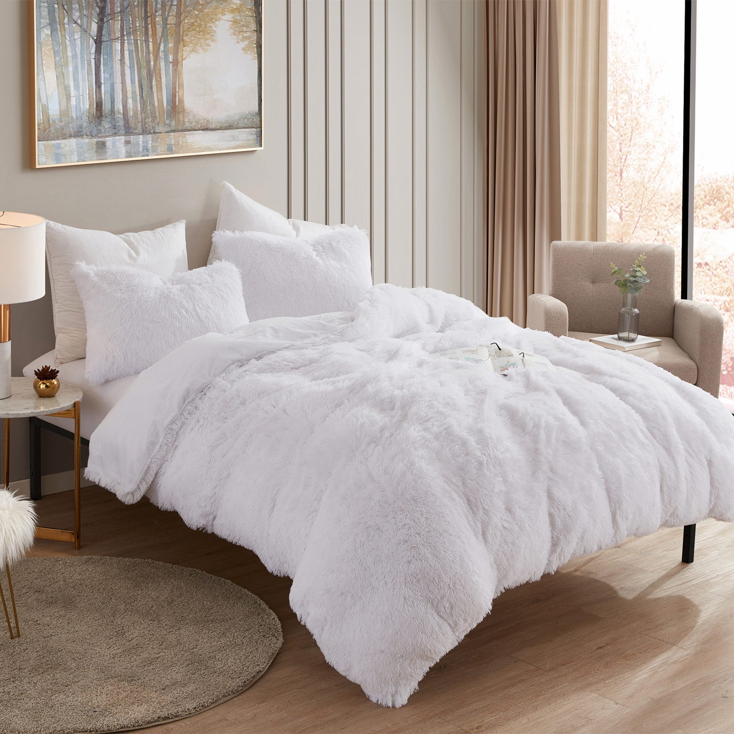 Shaggy Faux Fur 3-Piece Comforter Set White - Bed