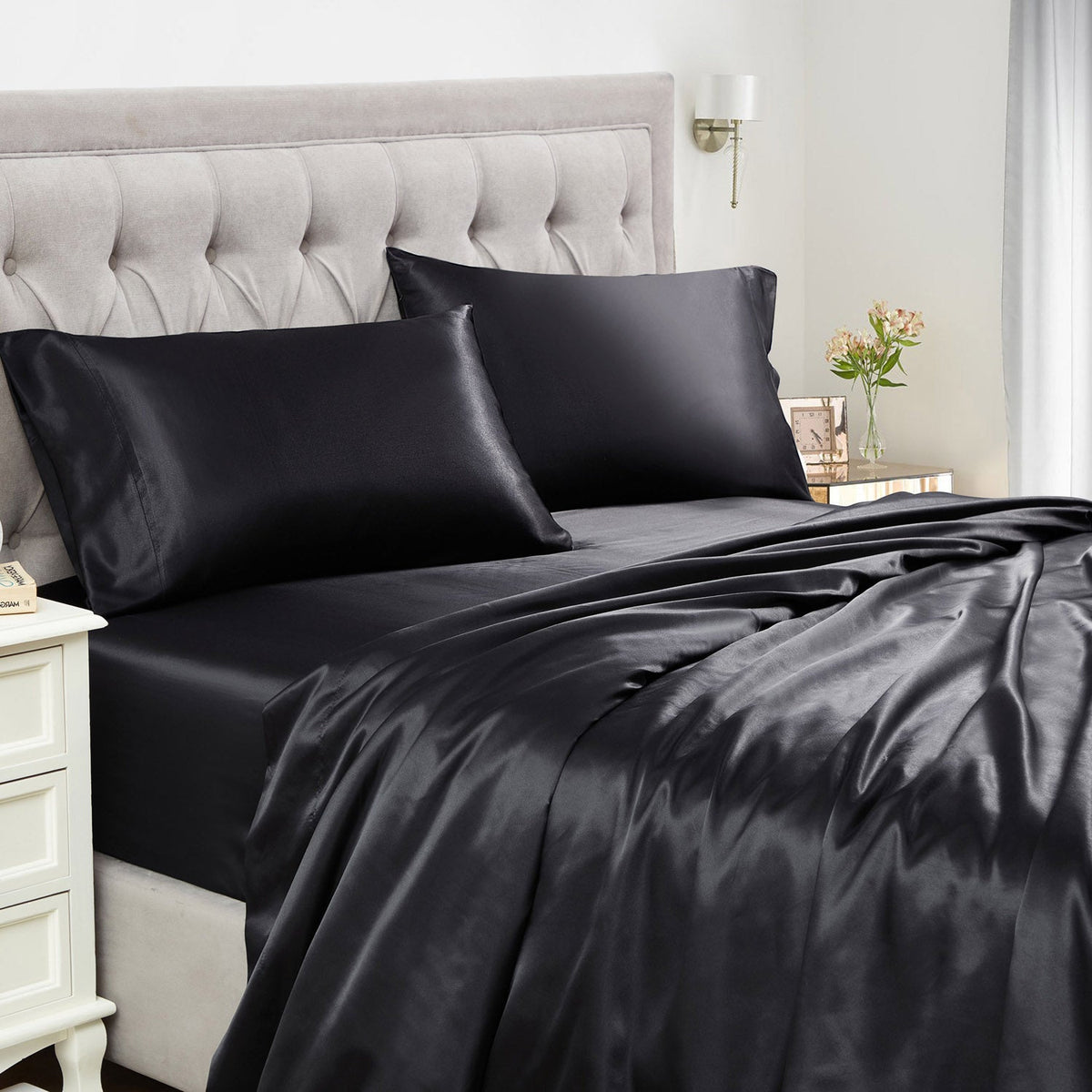 Satin 4-Piece Bed Sheet Set Black - Bed