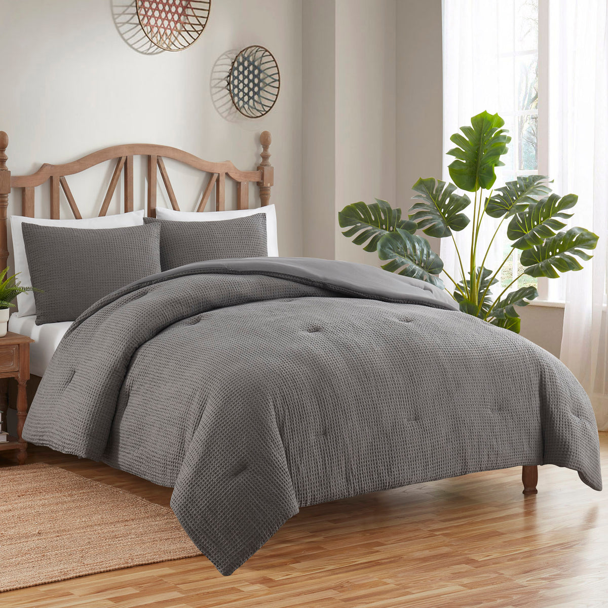Waffle 3-Piece Comforter Set Dark Gray - Bed