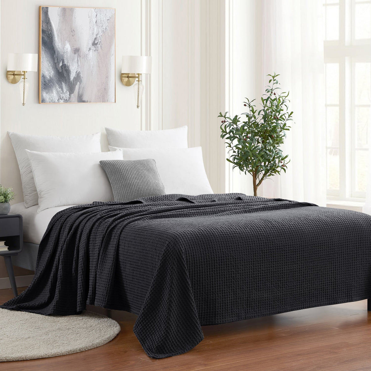Waffle Weave Cotton Blanket Black - Bed