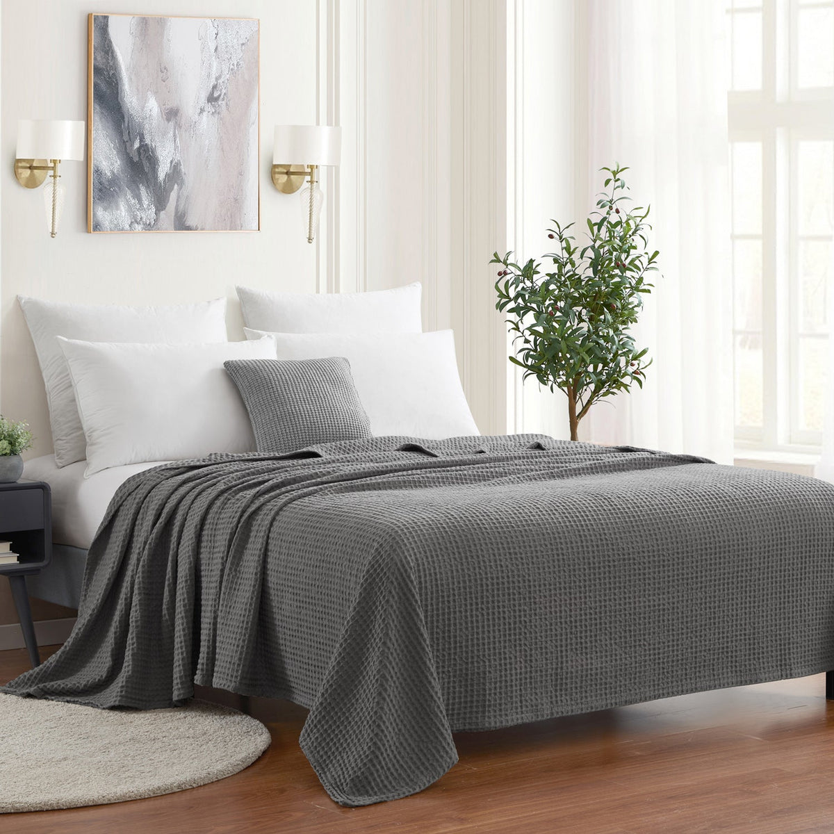 Waffle Weave Cotton Blanket Gray - Bed