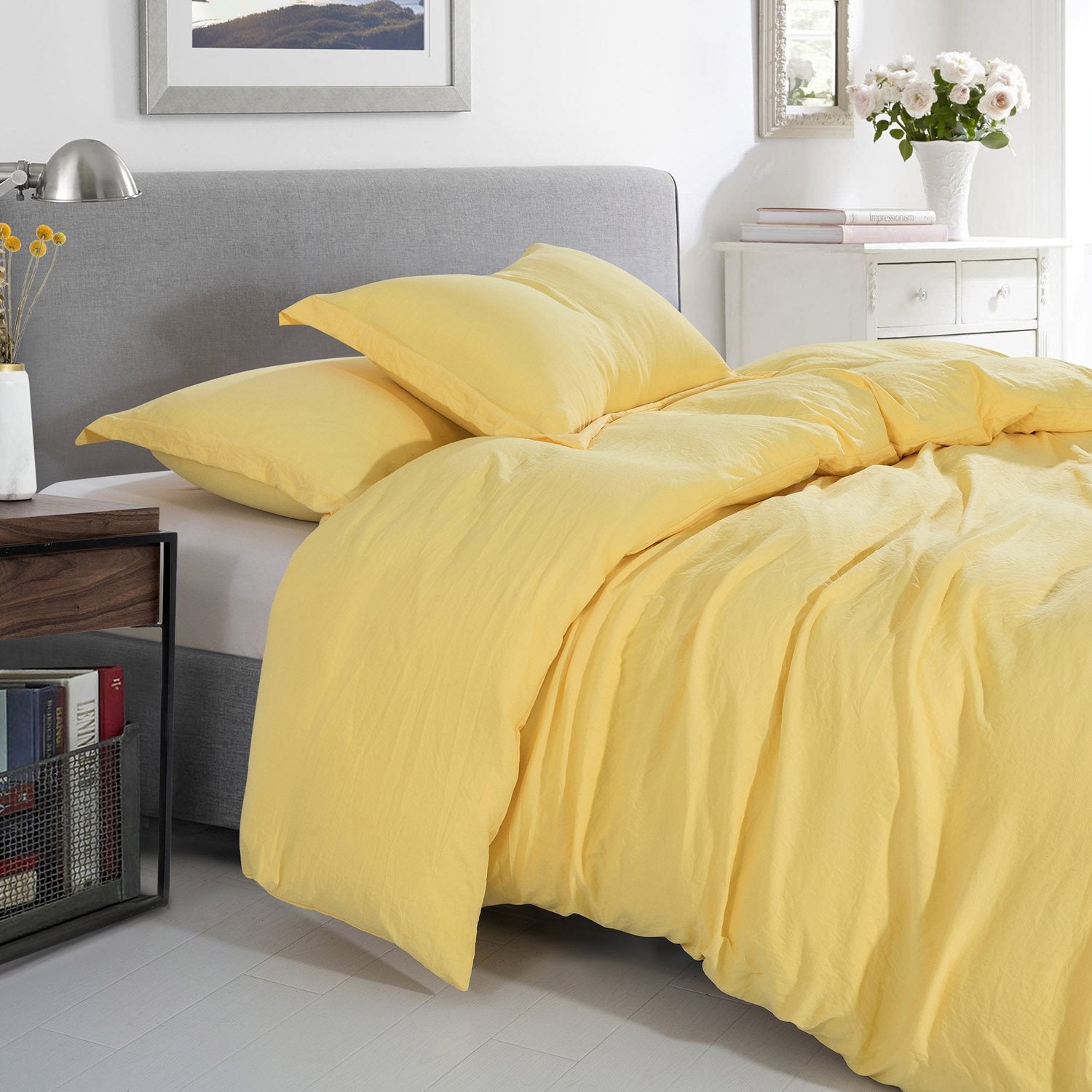 Washed Crinkled Duvet Cover Set Yellow - Bed
