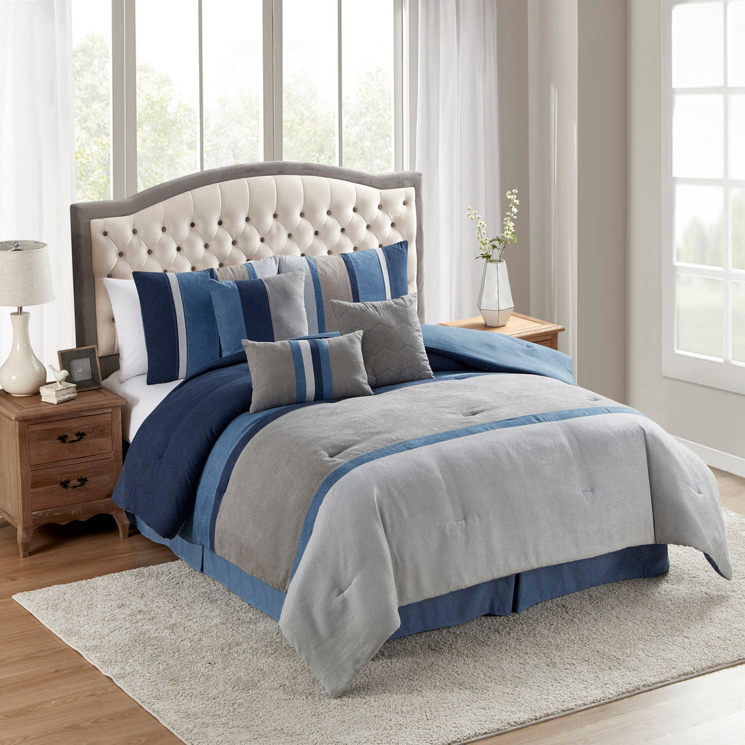 Winston 7-Piece Suede Bed in a Bag Set, Denim - Bed